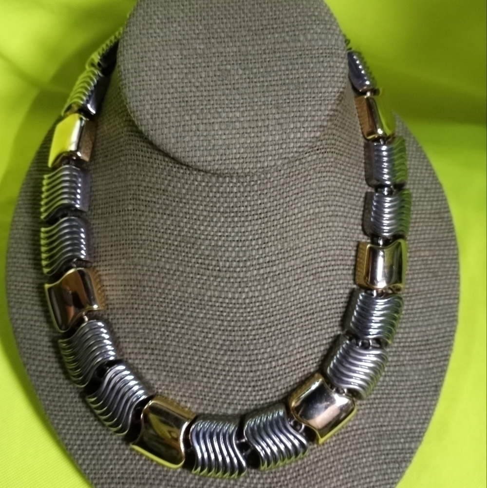 Goldtone silvertone panel link collar choker necklace
